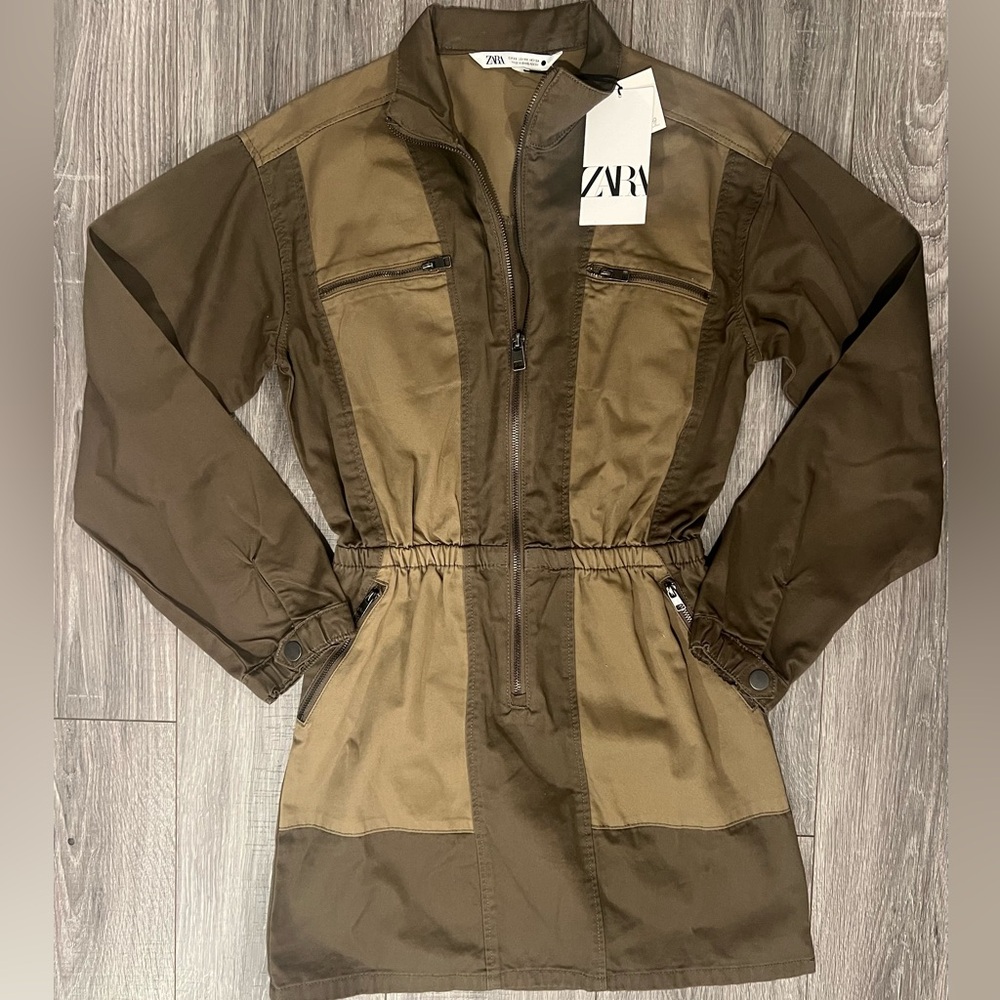 ZARA XS Contrast Long Sleeve Zipper Dress Army Green/ Khaki with elastic waist